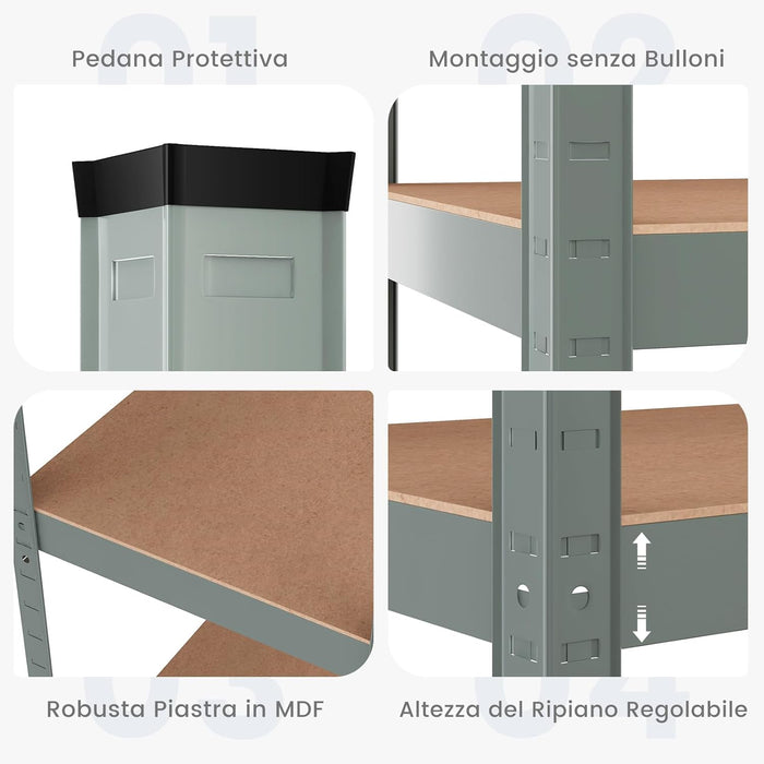 Scaffale con 5 Livelli, Scaffale per Garage Resistente con Altezza Mensole Regolabile, Capacità di Peso Totale 875 kg, Senza Bulloni, Uso Versatile 90x40x180cm (Grigio)