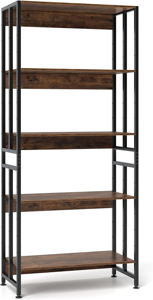Scaffale da Stanza a 5 Ripiani, Libreria Alta con Ripiani Regolabili, Protezione Anti-ribaltamento e Struttura in Metallo, Scaffale Industriale Vintage per Soggiorno, Cucina, Sala da Pranzo