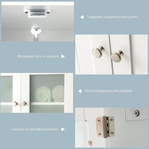Armadietto del Bagno con 4 Ante, Armadietto con Ante di Vetro, Credenza di Legno con Mensole Regolabili, Organizer Multiuso per Casa Corridoio Salone Ufficio, Bianco