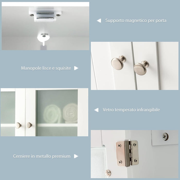 Armadietto del Bagno con 4 Ante, Armadietto con Ante di Vetro, Credenza di Legno con Mensole Regolabili, Organizer Multiuso per Casa Corridoio Salone Ufficio, Bianco