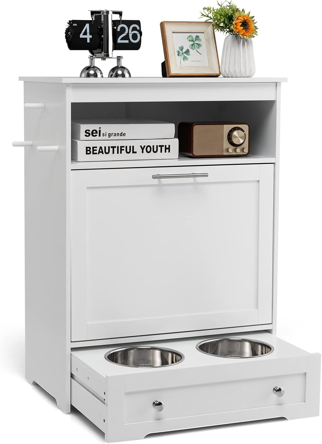 Stazione di Alimentazione per Animali Domestici con Ciotola in Acciaio Inox, Gancio, Dispositivo Antiribaltamento, Armadietto di Stoccaggio per Cani e Gatti, 61 x 35,5 x 82,5 cm