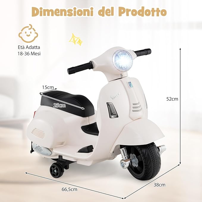 Moto Elettrica per Bambini, 6V Mini Moto per Bambini 18-36 Mesi, con Licenza Ufficiale Vespa, con Luci a LED e Suoni di Clacson, Portata 25 kg, 2 Ruote di Allenamento, 2,5 km/h (Bianco)