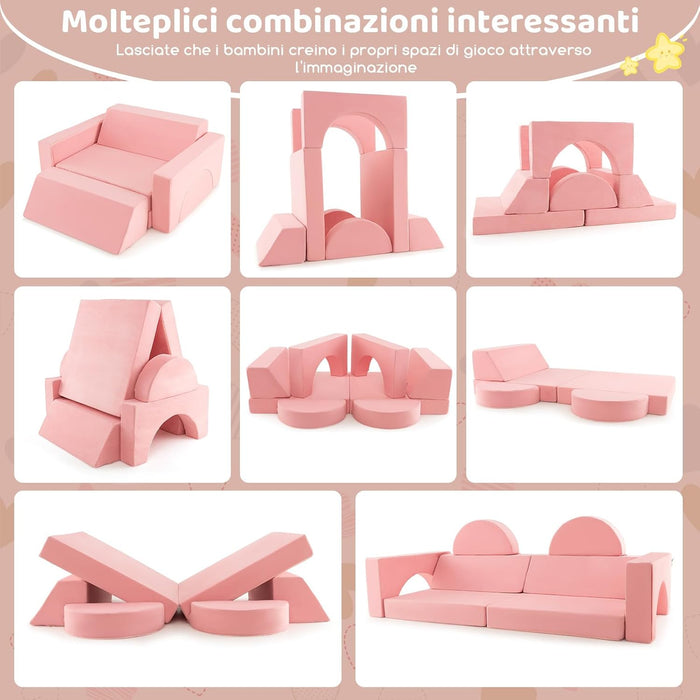 Divano Modulare per Bambini 8 Pezzi, Divanetto per Bambini con Copertura Staccabile per Sala Giochi e Camera da Letto, Divano Creativo per Bambini per Giocare, Creare e Dormire (Rosa)