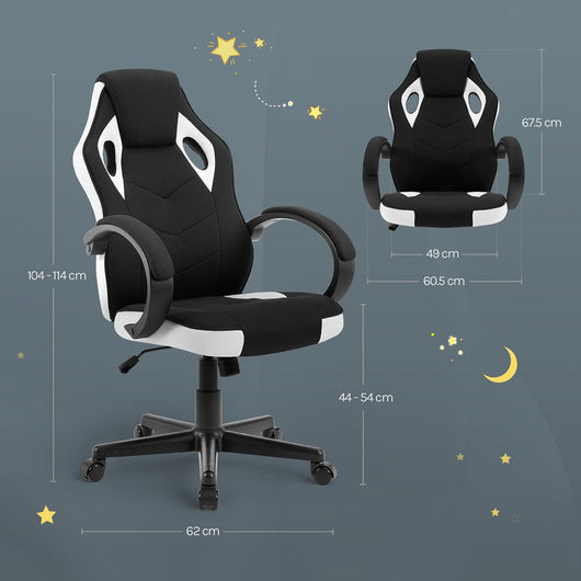 Sedia Gaming, Sedia per PC, Ergonomica con Tessuto Traspirante, Altezza Regolabile, Ruote, Schienale, Braccioli e Funzione Basculante, Nero+Bianco