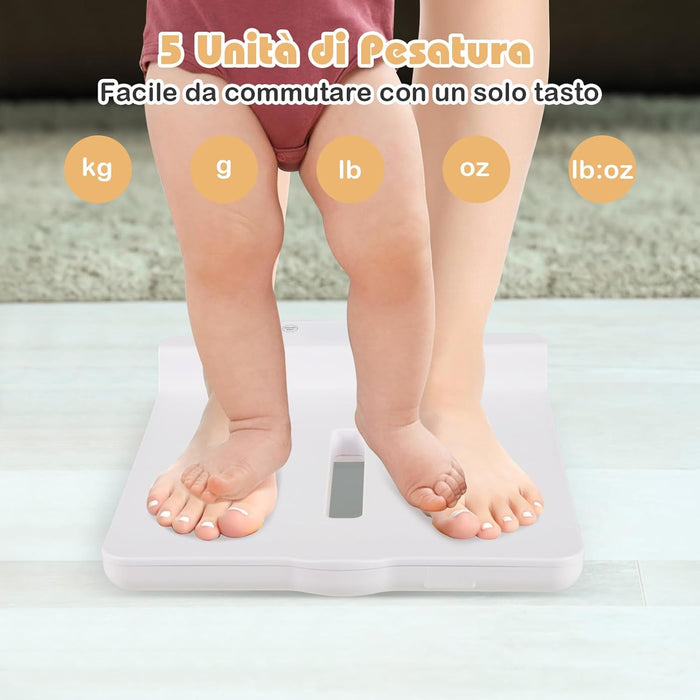 Bilancia Intelligente per Bambini, Bilancia Multifunzione con Vassoio Rimovibile, Bilancia con Bluetooth, 5 Unità e Schermo LED, Funzione Hold e Tara, LED, per Neonati Bambini