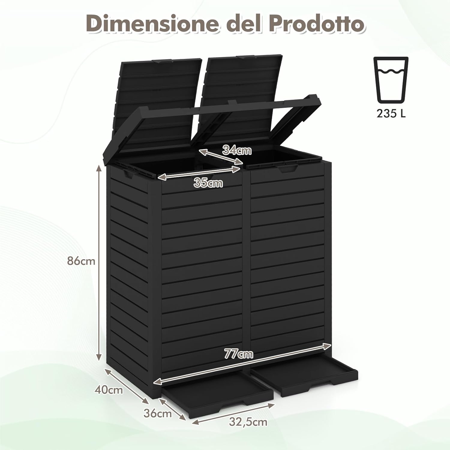 Pattumiera per Rifiuti Esterno e Interno 235 L, Contenitore per Raccolta Differenziata a Doppio Secchio Impermeabile con Coperchio, Vassoio e Maniglia, Bidone per Terrazza e Cucina (Nero)