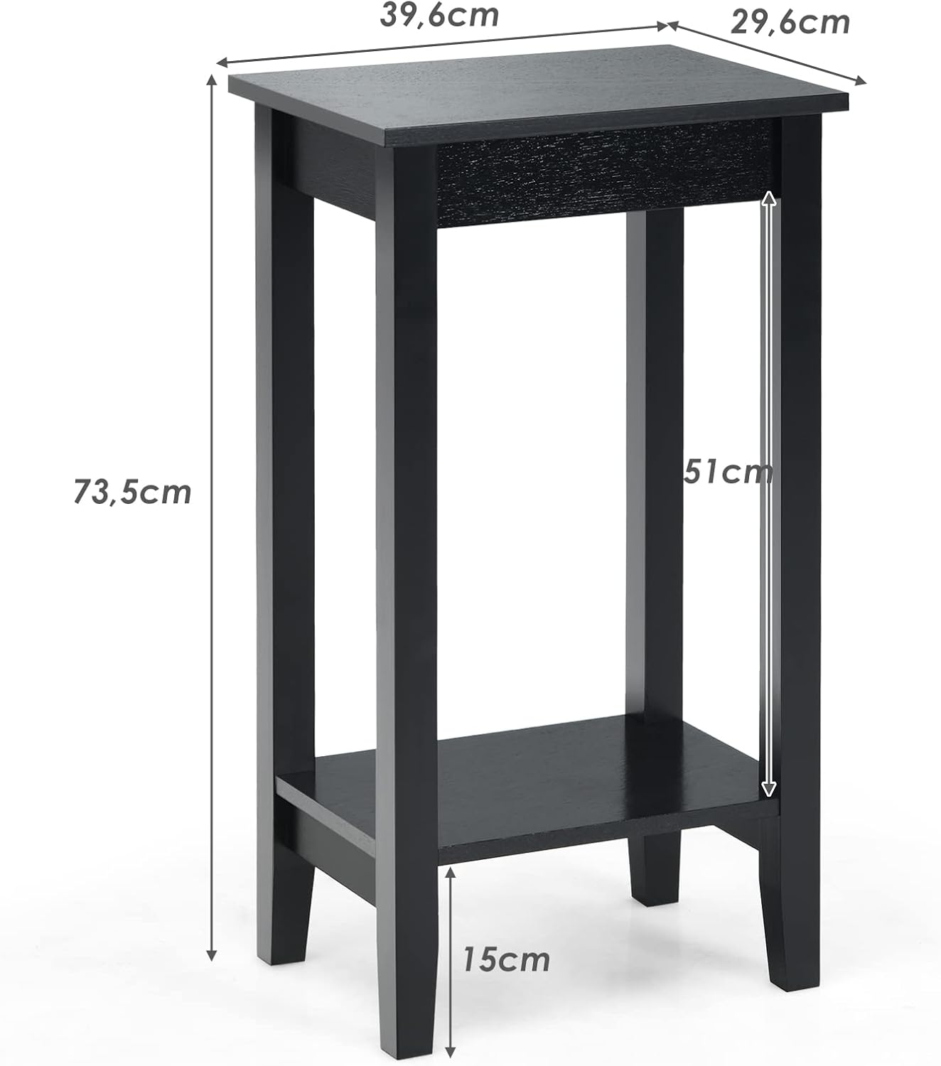 Tavolino da Salotto Alto a 2 Livelli Aperti, Tavolino Comodino in Legno di Pino Massicio, Tavolino Moderno Portaoggetti per Soggiorno e Camera da Letto, 40 x 30 x 73,5 cm (1, Nero)