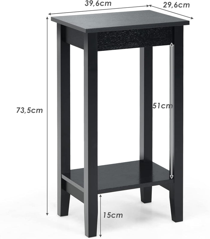 Tavolino da Salotto Alto a 2 Livelli Aperti, Tavolino Comodino in Legno di Pino Massicio, Tavolino Moderno Portaoggetti per Soggiorno e Camera da Letto, 40 x 30 x 73,5 cm (1, Nero)