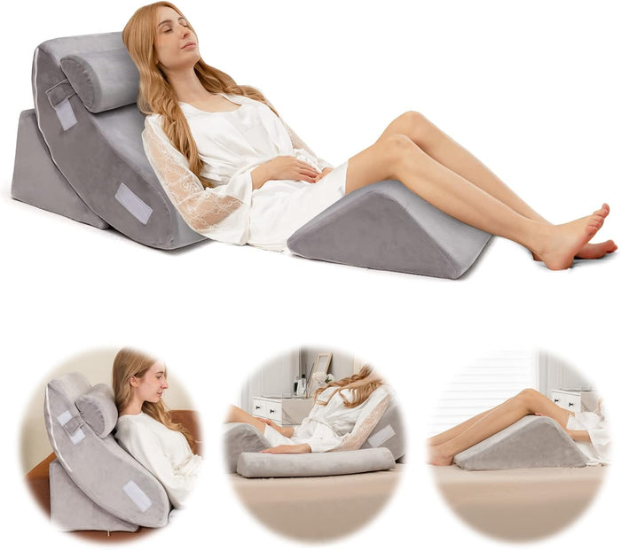 Set di 4/6 Cuscini Regolabili a Cuneo, Cuscino a Cuneo per Letto in Memory Foam, per Alleviare il Dolore alla Schiena Collo e alle Gambe, Poggiatesta Rimovibile, Grigio (4 Pezzi)