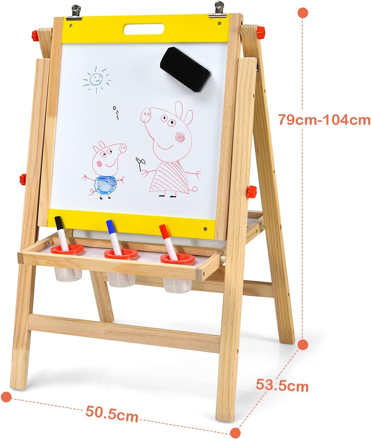 Cavalletto 3 in 1 Pieghevole per Bambini, Cavalletto Artistico di Legno con Altezza Regolabile, con Doppia Lavagna e Vassoio (Giallo)
