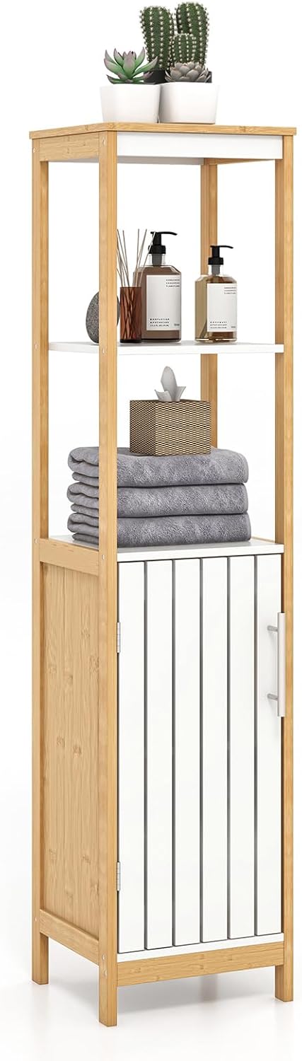 Armadio da Bagno, Mobile Alto 129 cm con Anta, Mobile Salvaspazio e Multiuso in Bambù con Ripiani Regolabili, per Soggiorno Bagno