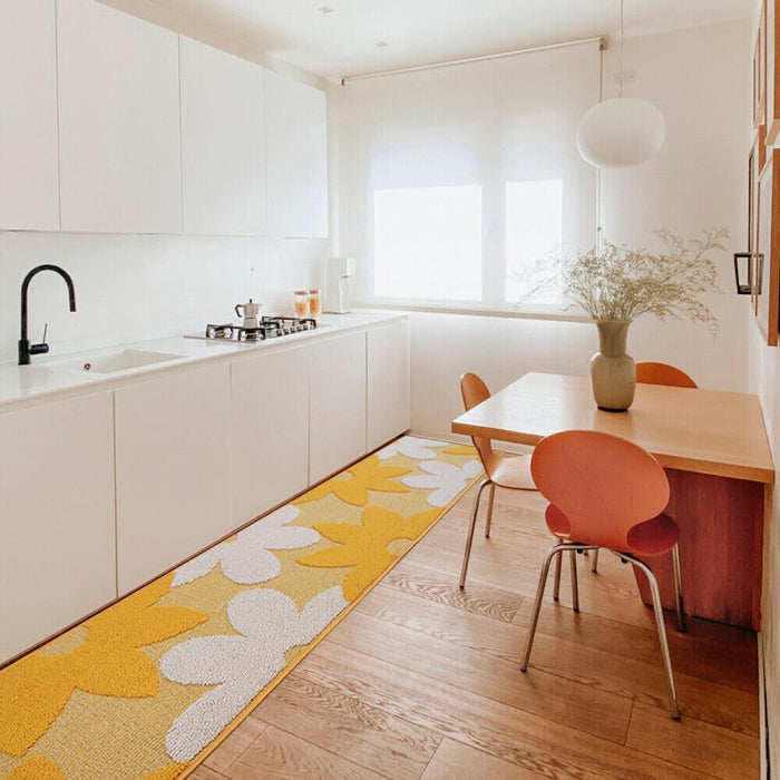 Tappeto Cucina 3D Fiore 50x135 cm Tridimensionale Morbido Moderno Passatoia Antiscivolo Giallo