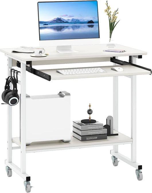 Scrivania con Ruote, Vassoio per Tastiera, Supporto per CPU e Ganci, Scrivania Moderna in Legno e Metallo per Salotto e Camera da Letto, 80 x 50 x 78 cm (Bianco)