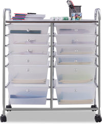 Carrello con 12 Cassetti con Ruote, Carrello di Stoccaggio Multiuso con Ampio Spazio di Archiviazione, Ideale per Casa Ufficio Domestico, 73,5 x 37 x 63 cm (Trasparente)