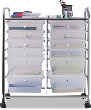 Carrello con 12 Cassetti con Ruote, Carrello di Stoccaggio Multiuso con Ampio Spazio di Archiviazione, Ideale per Casa Ufficio Domestico, 73,5 x 37 x 63 cm (Trasparente)