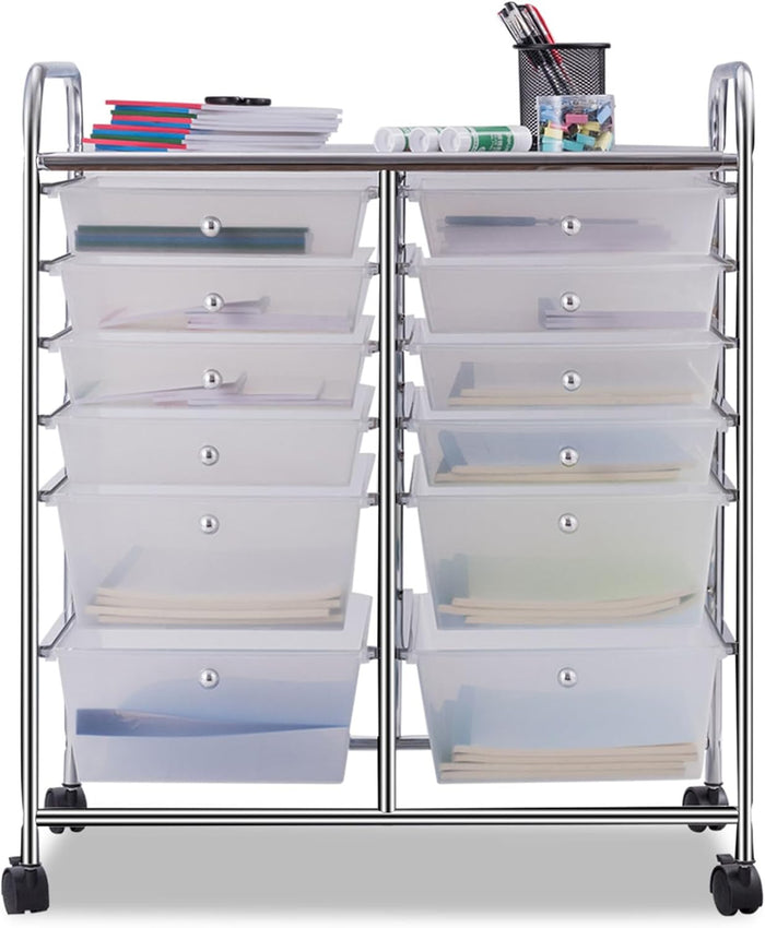 Carrello con 12 Cassetti con Ruote, Carrello di Stoccaggio Multiuso con Ampio Spazio di Archiviazione, Ideale per Casa Ufficio Domestico, 73,5 x 37 x 63 cm (Trasparente)