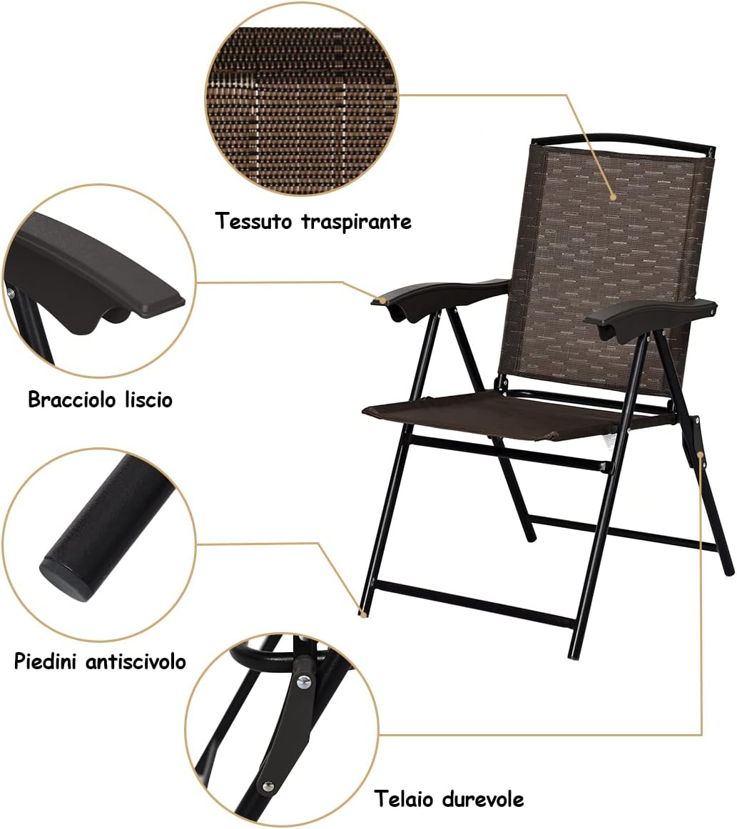 Set di 4 Sedie Pieghevoli da Esterno, con Schienale a Fasce Altezza Regolabile e Braccioli, Ideale per Cortile, Piscina e Giardino, Marrone