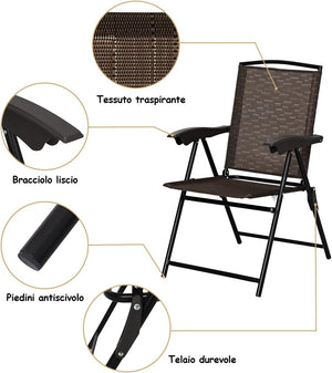Set di 4 Sedie Pieghevoli da Esterno, con Schienale a Fasce Altezza Regolabile e Braccioli, Ideale per Cortile, Piscina e Giardino, Marrone