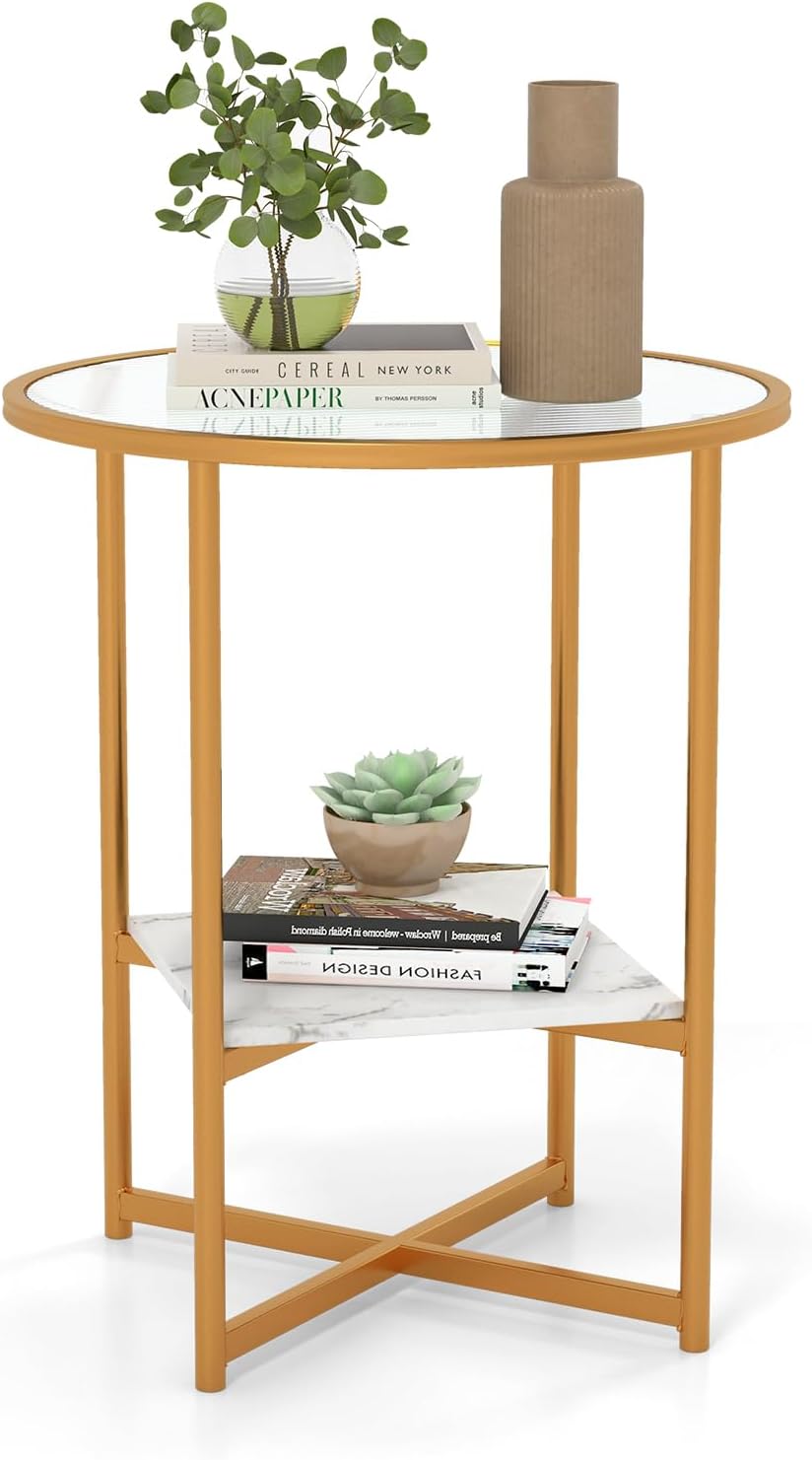 Tavolini da Salotto in Vetro, Tavolino Rotondo a 2 Piani da 50 cm con Ripiano Effetto Marmo, Tavolino da Caffè con Cornice in Metallo Dorato, per Soggiorno, Camera da Letto