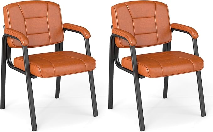 Set di 2 Sedie da Ufficio, Sedia per Sala d'Attesa con Struttura in Metallo, Braccioli Imbottiti, Sedia da Ospiti per Ufficio Riunioni, Portata 180kg (Marrone)