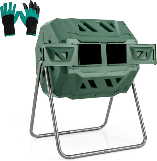 Compostiera da Giardino 160 L, Bidone per Compostaggio a Doppia Vasca con 2 Porte Scorrevoli e Telaio Metallico Robusto, Compostiera Rotante da Esterno a 360°Senza BPA (Verde)