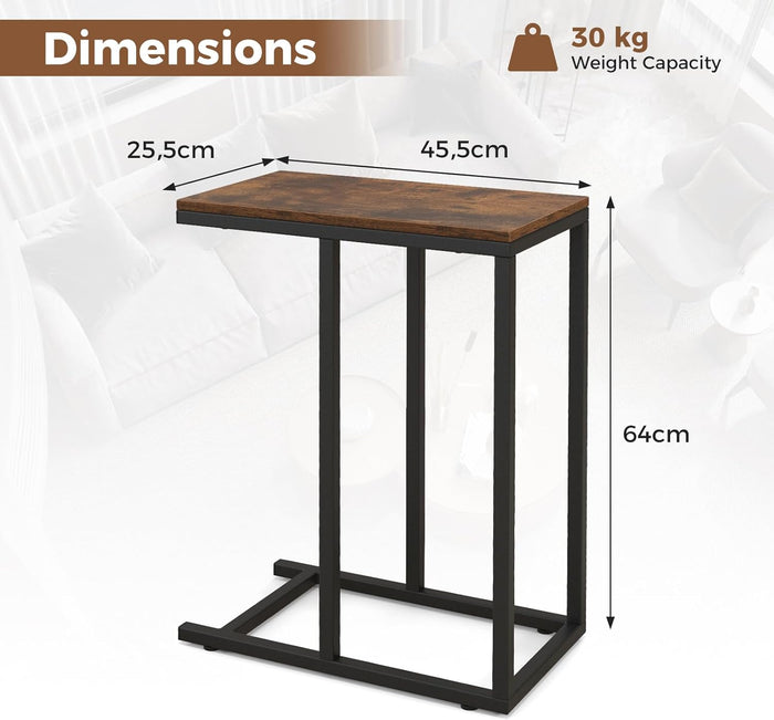 Tavolino a Forma di C per Divano e Letto, Tavolino Basso con Struttura in Metallo, Tavolino da Salotto e Camera da Letto, 45,5 x 25,5 x 64 cm (Marrone)