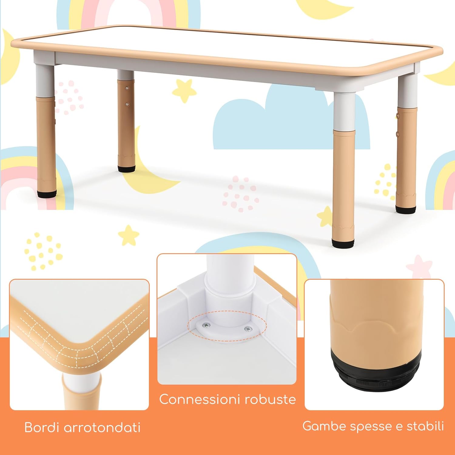 Set Tavolo e 4 Seide per Bambini, Scrivania Regolabile in Altezza con Piano Graffiti, Gambe Antiscivolo, Mobile Multifuzione con 4 Posti per Cameretta, Asilo e Scuola (Naturale)