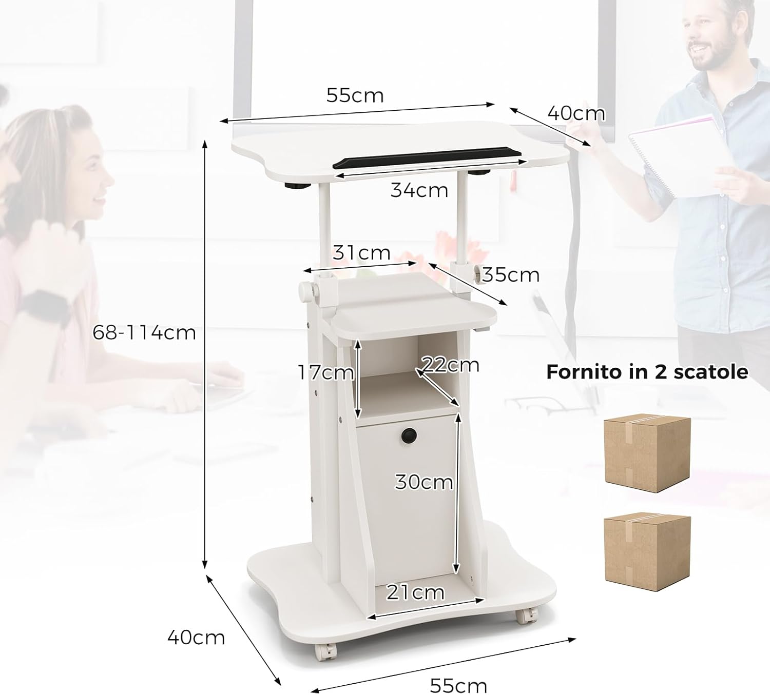 Scrivania Regolabile in Altezza con Ruote, Standing Desk Mobile con Piano Inclinabile e Scomparti, Scrivania per Laptop Ergonomica con Rotelle per Ufficio e Casa (Bianco)
