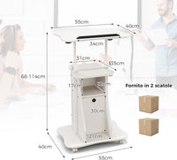 Scrivania Regolabile in Altezza con Ruote, Standing Desk Mobile con Piano Inclinabile e Scomparti, Scrivania per Laptop Ergonomica con Rotelle per Ufficio e Casa (Bianco)