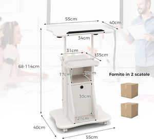 Scrivania Regolabile in Altezza con Ruote, Standing Desk Mobile con Piano Inclinabile e Scomparti, Scrivania per Laptop Ergonomica con Rotelle per Ufficio e Casa (Bianco)