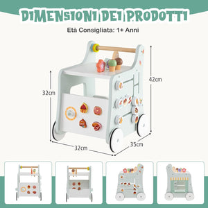 Girello 2 in 1 per Bambini, Carrello Primi Passi in Legno con Spazio di Archiviazione, Negozio di Dolci con Gelati, Cursori, Labirinto, Piatto e Cucchiaio, Centro Attività per 1+ Anni (Verde)