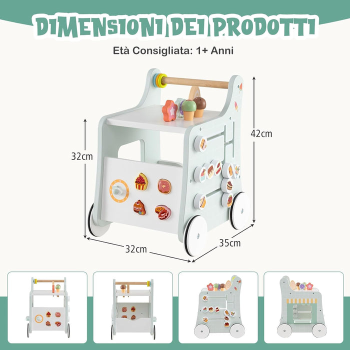 Girello 2 in 1 per Bambini, Carrello Primi Passi in Legno con Spazio di Archiviazione, Negozio di Dolci con Gelati, Cursori, Labirinto, Piatto e Cucchiaio, Centro Attività per 1+ Anni (Verde)