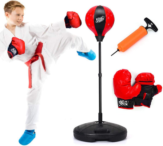 Sacco da Boxe per Bambini Altezza Regolabile, Punching Ball per Bambini con Guantoni, Palla di Pugilato da Terra con Base Stabile Riempibile con Acqua o Sabbia, Rosso