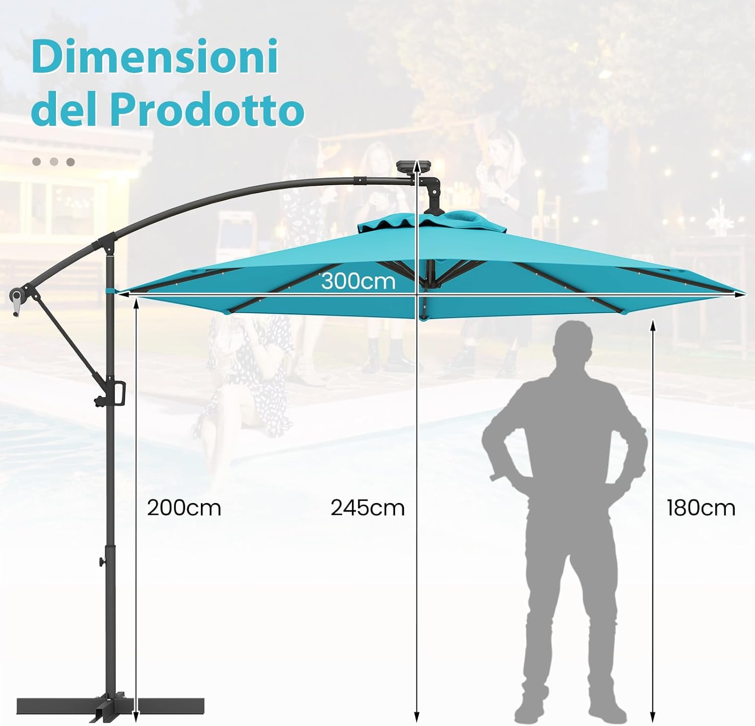 Ombrellone da Giardino ∅300 cm con 32 Luci LED, Ombrellone Prendisole con Rotazione di 360°, Inclinazione Regolabile, 8 Stecche, Manovella, per Giardino Piscina Cortile (Turchese)