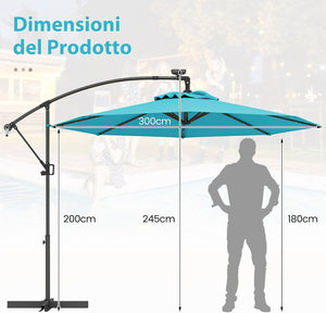 Ombrellone da Giardino ∅300 cm con 32 Luci LED, Ombrellone Prendisole con Rotazione di 360°, Inclinazione Regolabile, 8 Stecche, Manovella, per Giardino Piscina Cortile (Turchese)