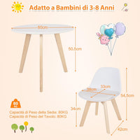 Set Tavolo e Sedie Bambini 3 Pezzi, Tavolino Rotondo per Bambini con 2 Sedie Imbottite, Mobili Cameretta per Bambini da 3 a 8 Anni