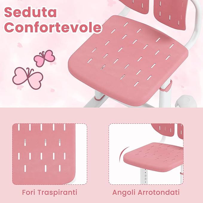 Sedia per Bambini 3+ Anni, Poltrona Ergonomica con Doppi Supporti Dorsali e Seduta Traspirante e Struttura in Metallo Resistente, Sedia Regolabile in Altezza per Camera da Letto (Rosa)