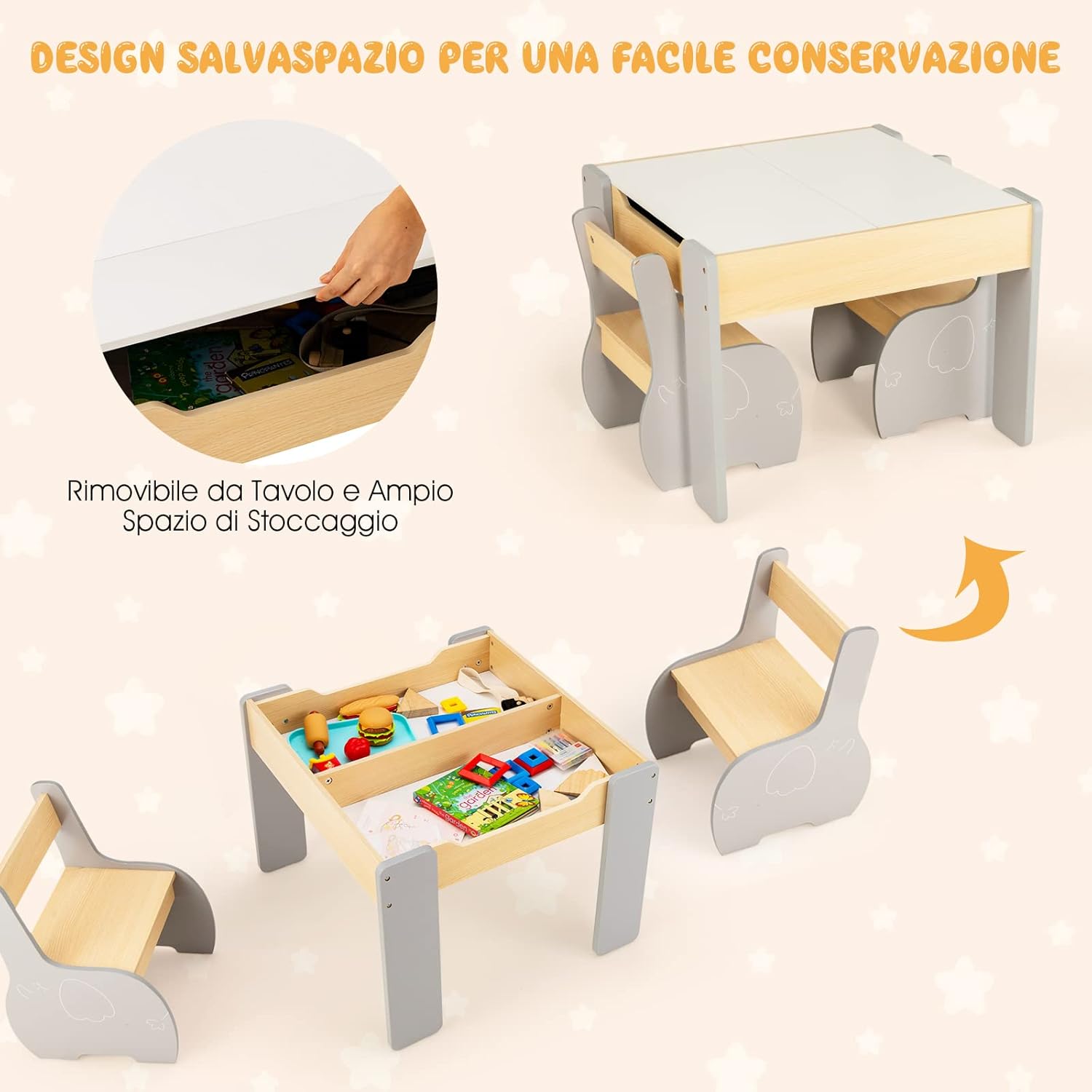 Set Tavolo e Sedie per Bambini, Set di Tavolo da Attività per Bambini con 2 Sedie, Lavagna Rimovibile e Deposito, per Giocare, Disegnare e Leggere (grigio)
