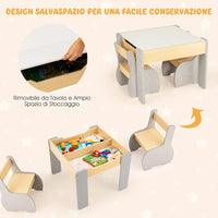 Set Tavolo e Sedie per Bambini, Set di Tavolo da Attività per Bambini con 2 Sedie, Lavagna Rimovibile e Deposito, per Giocare, Disegnare e Leggere (grigio)