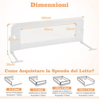 Sponda Letto per Bambini 105/120/150 cm, Barriera di Sicurezza per Neonati, Barriera Letto Pieghevole e Portatile, con Cinghia di Sicurezza (Bianco, 120 x 40 x 42 cm)