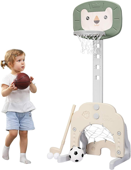 Basket per Bambini Centro attività Multifunzione - Palla Canestro, Calcio e Golf, Mazza da Golf e Palle incluese, per Bambini, Altezza Regolabile (Leone Verde)