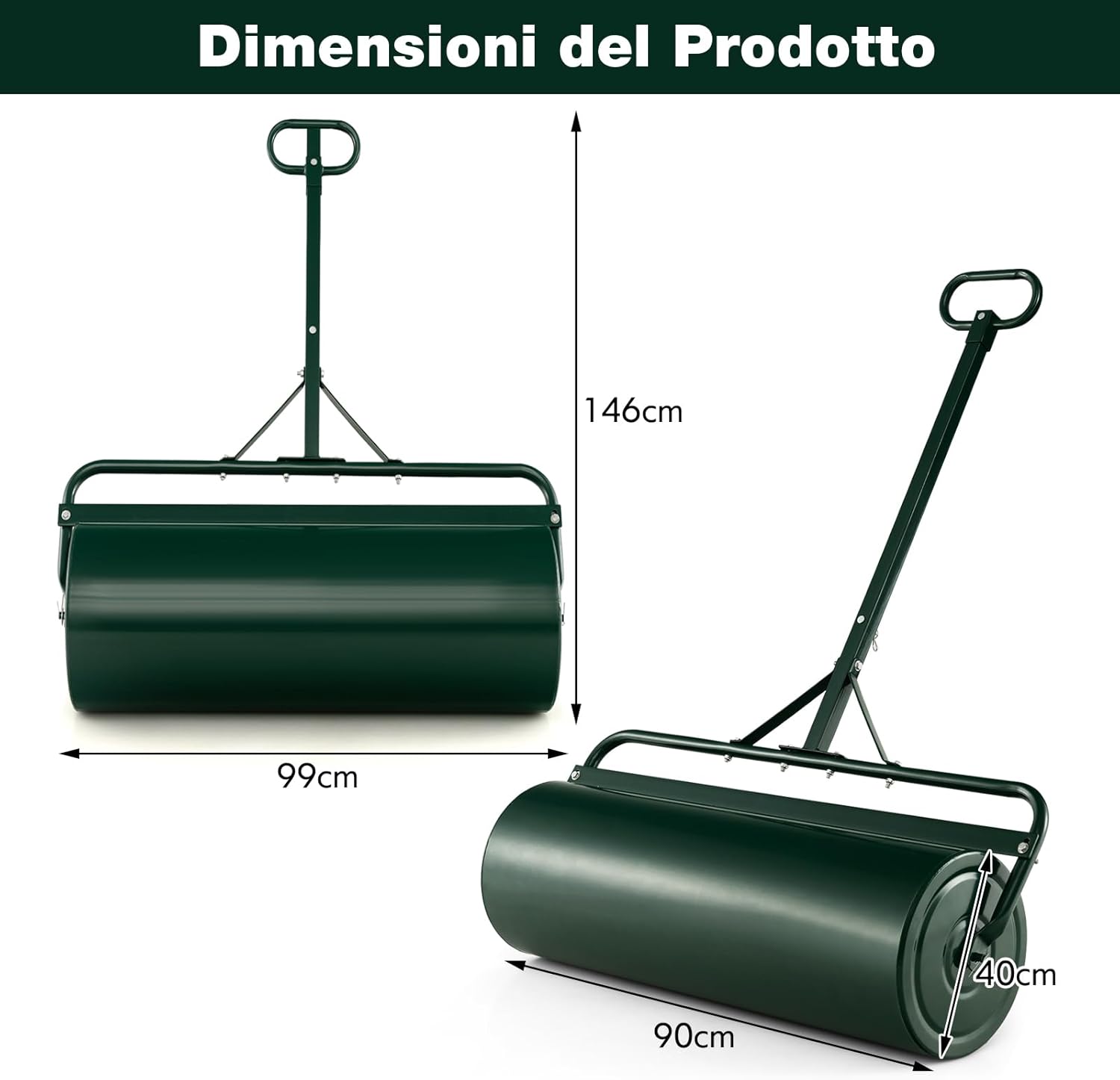 Rullo da Giardino per Prato 113 L 90 x 40 cm, Rullo per Prato in Metallo Riempibile di Acqua/Sabbia con Manico Antiscivolo, Ideale per Cortile, Parco e Fattoria (Verde)
