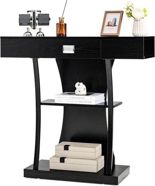 Tavolo Consolle in Legno, Tavolo Ingresso con Cassetti, Ripiani e 2 Kit Anti-ribaltamento, Tavolo Multiuso e Salvaspazio per Salotto, Camera da Letto e Corridoio, 91 x 30 x 88 cm (Nero)