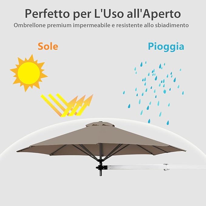 Ombrellone da Parete 247 cm, Ombrellone da Muro per Giardino con Angolo Regolabile, Parasole Esterno Pieghevole Anti UV, per Giardino, Balcone e Cortile