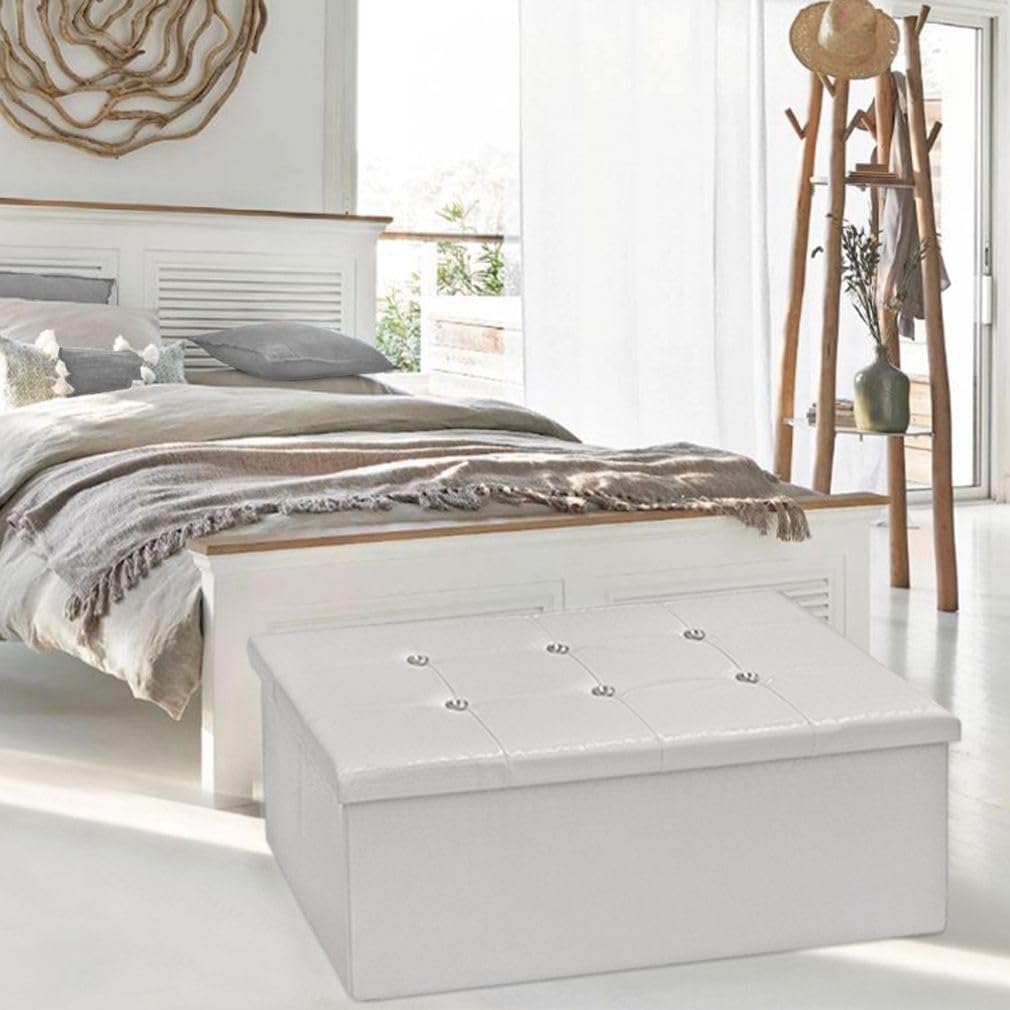 Cassapanca Contenitore Pouf Panca Poggiapiedi Similpelle Pelle Finta Coccodrillo 76x38x38 cm Bianca