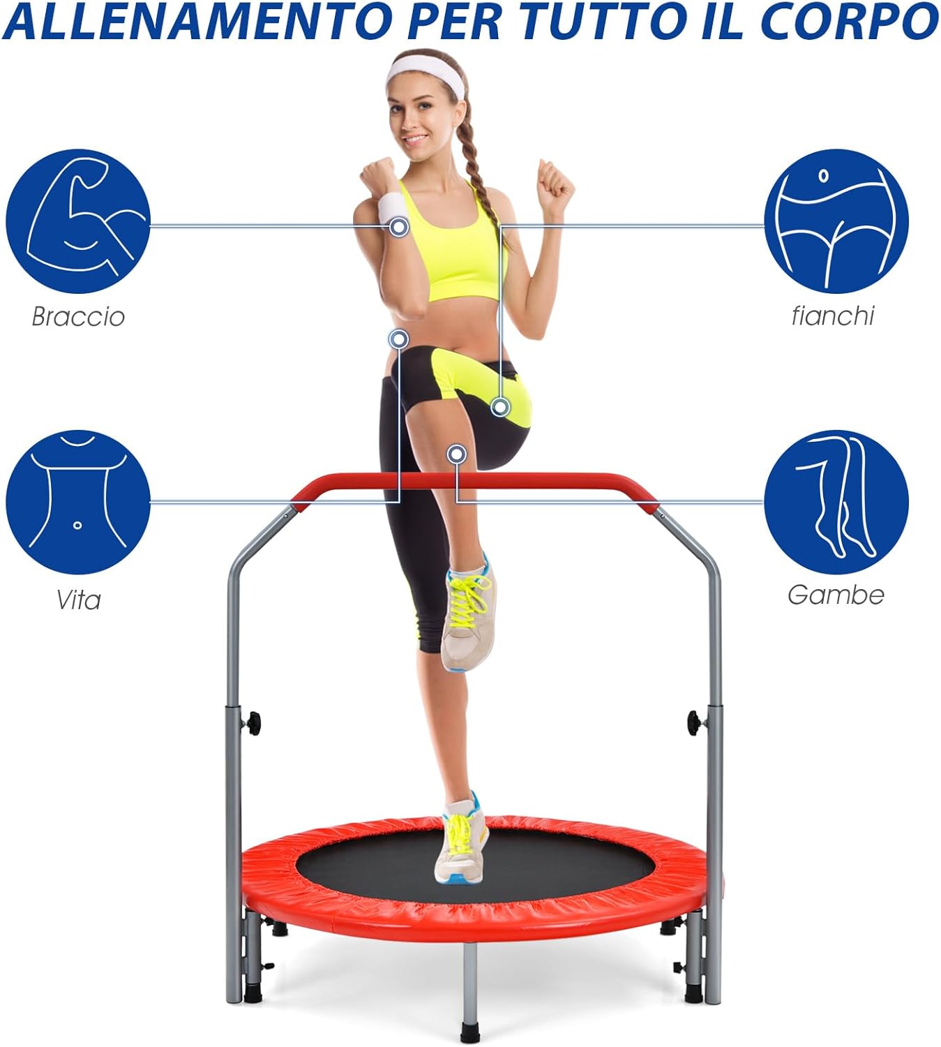 Trampolino per Bambini e Adulti, Tappeto Elastico Pieghevole e Regolabile in 4 Altezze con Maniglia, Capacità di Carico 150 kg