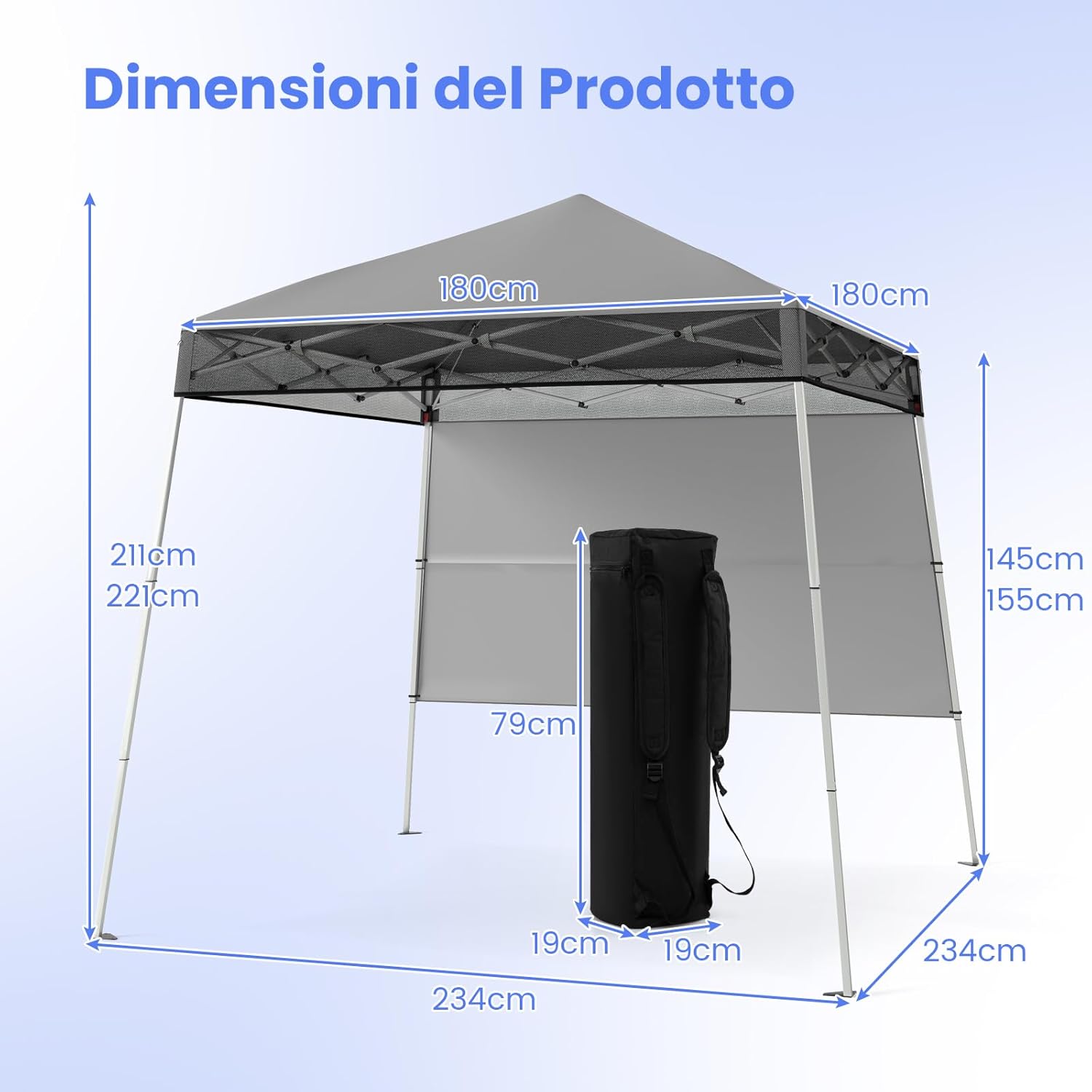 Gazebo Pop-up da Esterno 182 x 182 cm, Gazebo Pieghevole con 1 Parete Laterale, Gambe Inclinabili Regolabili e 4 Picchetti, Tendone Impermeabile per Feste, Campeggio e Picnic (Grigio)