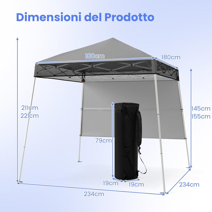 Gazebo Pop-up da Esterno 182 x 182 cm, Gazebo Pieghevole con 1 Parete Laterale, Gambe Inclinabili Regolabili e 4 Picchetti, Tendone Impermeabile per Feste, Campeggio e Picnic (Grigio)