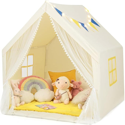 Tenda da Gioco per Bambini, Casetta per Bambini con Tappeto in Cotone Lavabile Luci Stellari e Finestre, Tenda del Castello, 122x105x125 cm (Beige)