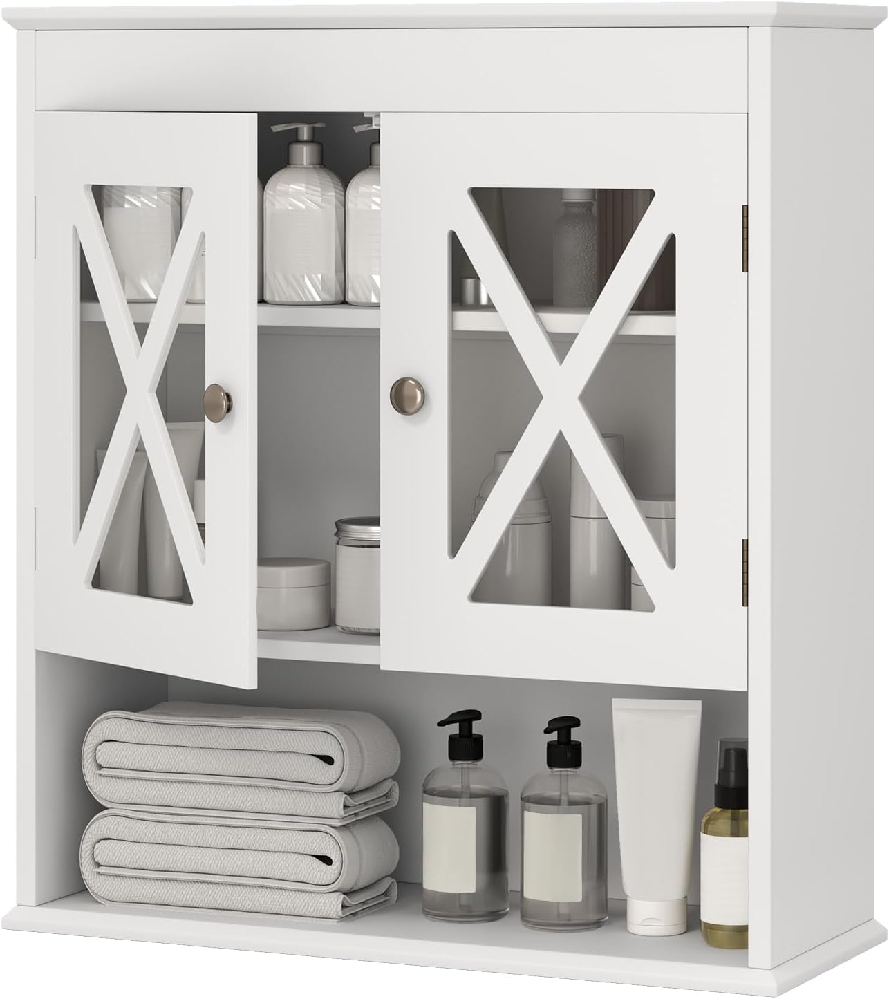 Mobile Bagno Sospeso 54 x 20 x 60 cm, Armadietto da Parete con 2 Ante in Acrilico, Ripiano Regolabile e Scomparto Aperto, Mobiletto da Muro per Lavanderia e Cucina